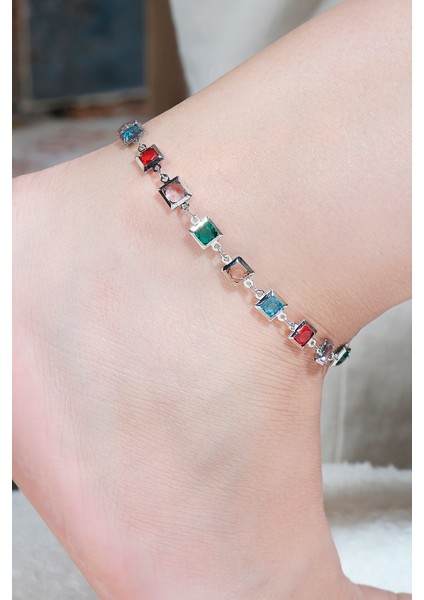 Kadın Renkli Kare Taşlı Halhal Gümüş Renk fiyatları