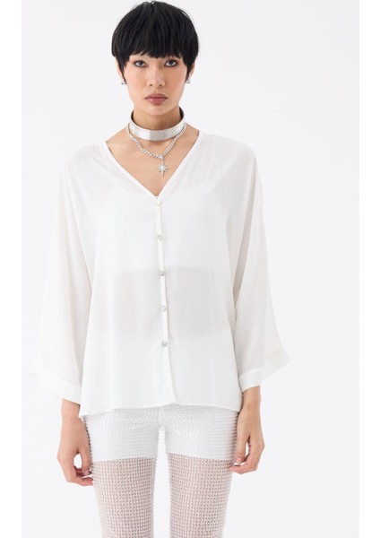 V Yaka Oversize Gömlek - Ekru