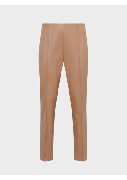 Yüksek Belli Nervür Dikişli Sigara Paça Deri Pantolon - Bej