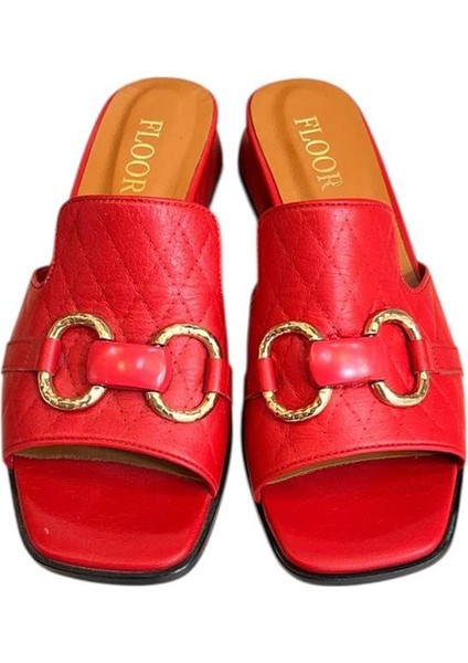 Kırmızı Hakiki Deri Tek Bant Üzeri Toka Detaylı Topuklu Terlik modelleri