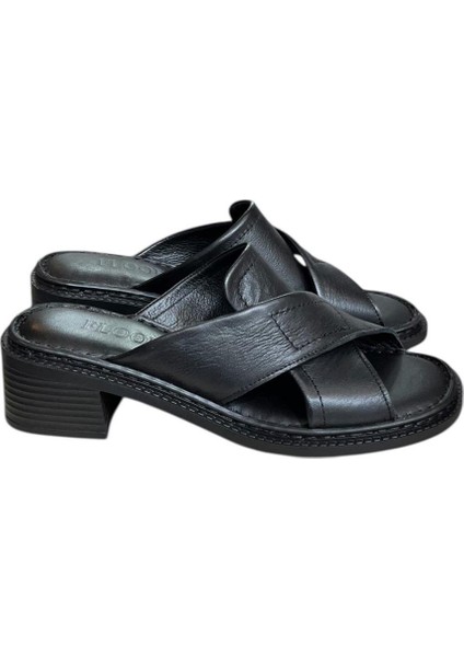 Siyah Hakiki Deri Puf Taban Çapraz Bantlı Terlik fiyatları