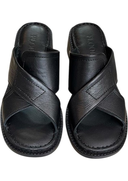 Siyah Hakiki Deri Puf Taban Çapraz Bantlı Terlik modelleri