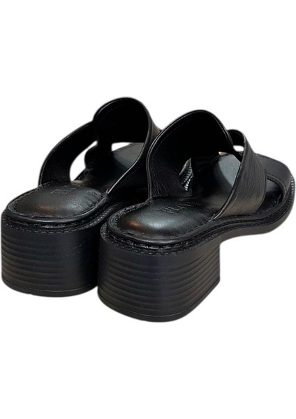 Siyah Hakiki Deri Puf Taban Çapraz Bantlı Terlik fırsatları