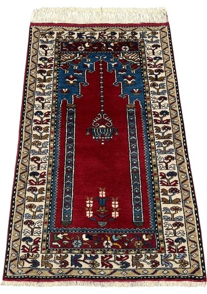 El Dokuma Sıfır Yahyalı Seccade 80X130 Kırmızı Lacivert Kök Boya