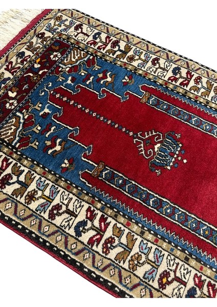 El Dokuma Sıfır Yahyalı Seccade 80X130 Kırmızı Lacivert Kök Boya