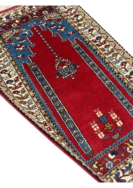 El Dokuma Sıfır Yahyalı Seccade 80X130 Kırmızı Lacivert Kök Boya