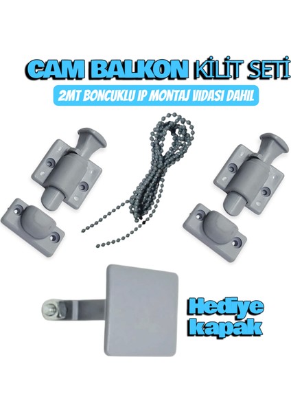 Cam Balkon Kilidi 2'li Set + Gri Çıkış Kapağı Hediyeli | 2 Metre Boncuklu Ip Dahil