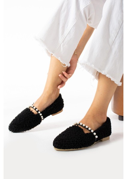 Kadın Siyah Yün İncili Kışlık Babet Ev ve Dış Mekan Ayakkabısı