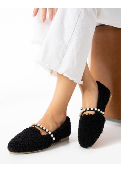 Kadın Siyah Yün İncili Kışlık Babet Ev ve Dış Mekan Ayakkabısı fiyatları