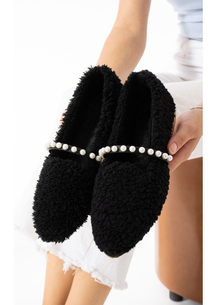 Kadın Siyah Yün İncili Kışlık Babet Ev ve Dış Mekan Ayakkabısı indirimleri