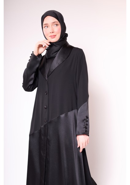 Kadın Siyah Medine Ipeği ile Saten Düğmeli Şık Abaya fırsatları