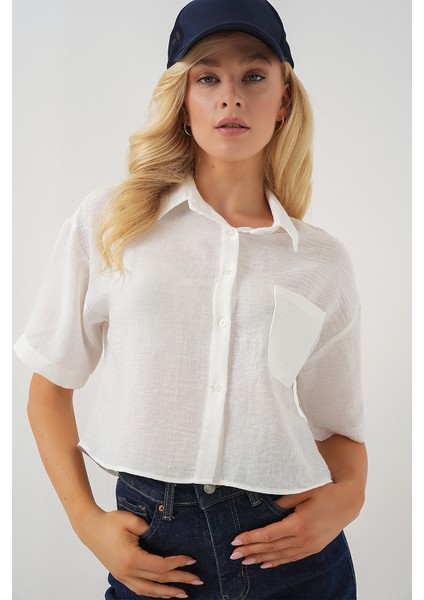 Kadın Kısa Kol Crop Gömlek 20341 - Beyaz