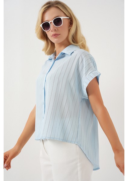 Kadın Çizgili Kısa Kol Gömlek 20327 - Mavi modelleri