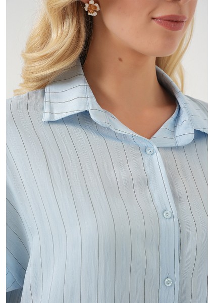 Kadın Çizgili Kısa Kol Gömlek 20327 - Mavi indirimleri