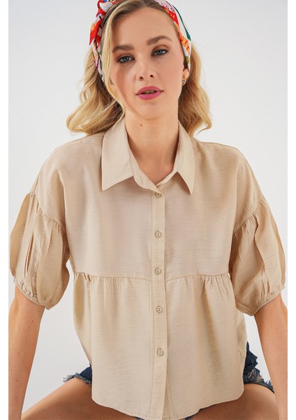 Kadın Kısa Kol Crop Gömlek 20335 - Bej