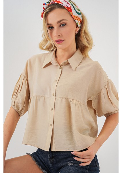 Kadın Kısa Kol Crop Gömlek 20335 - Bej modelleri