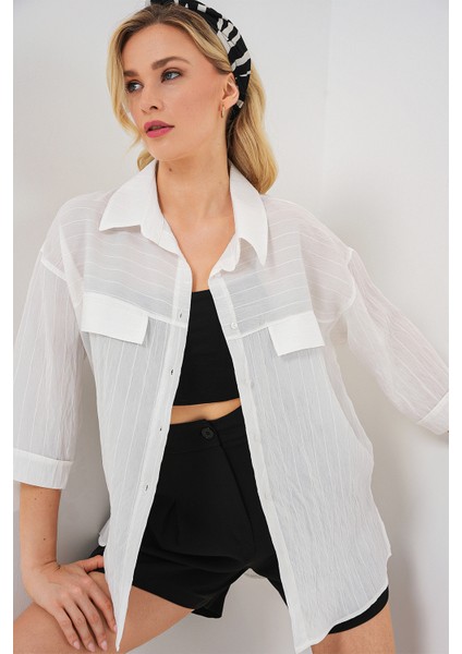 Kadın Cep Detaylı Kısa Kol Gömlek 20317 - Beyaz