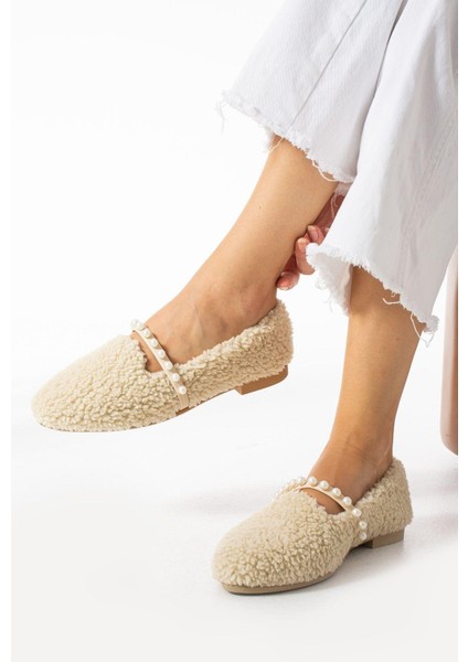 Kadın Bej Yün İncili Kışlık Babet Ev ve Dış Mekan Ayakkabısı fiyatları