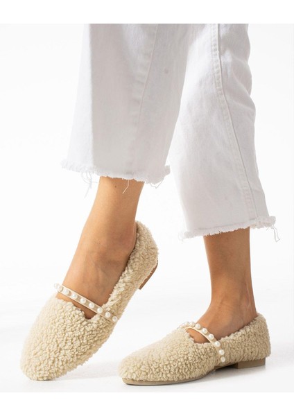 Kadın Bej Yün İncili Kışlık Babet Ev ve Dış Mekan Ayakkabısı modelleri