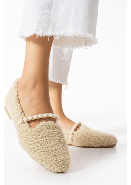 Kadın Bej Yün İncili Kışlık Babet Ev ve Dış Mekan Ayakkabısı fırsatları