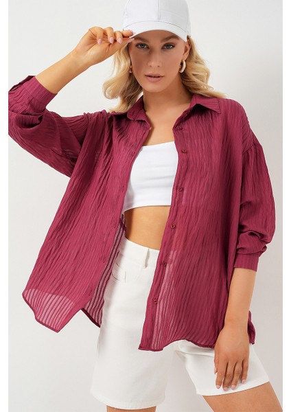 Kadın Uzun Oversize Gömlek 20320 - Bordo
