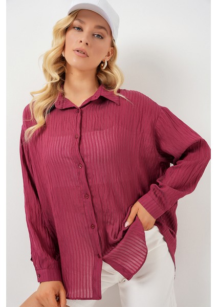 Kadın Uzun Oversize Gömlek 20320 - Bordo