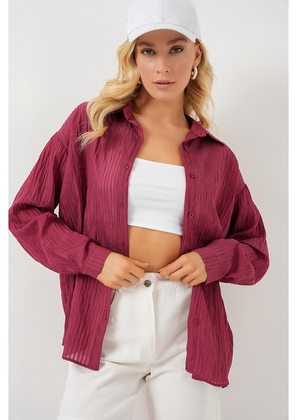 Kadın Uzun Oversize Gömlek 20320 - Bordo