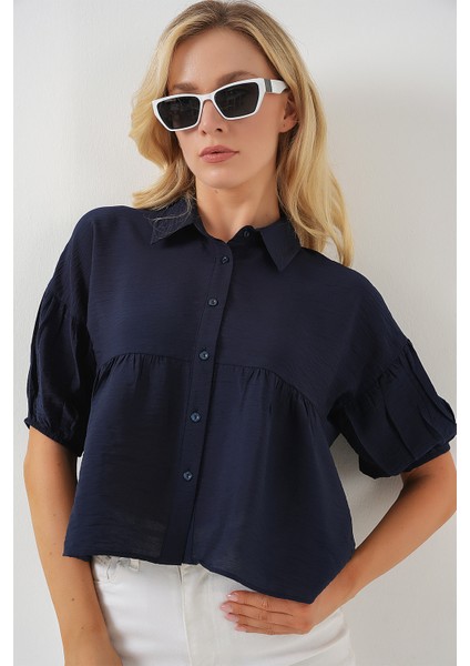 Kadın Kısa Kol Crop Gömlek 20335 - Lacivert