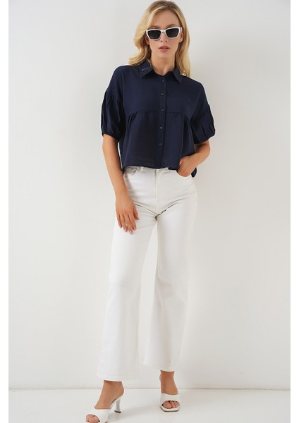 Kadın Kısa Kol Crop Gömlek 20335 - Lacivert fiyatları