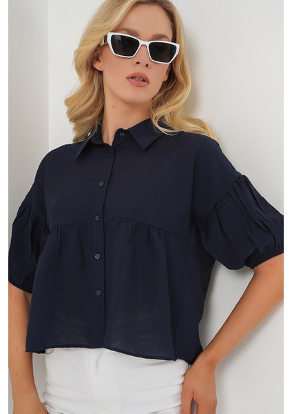 Kadın Kısa Kol Crop Gömlek 20335 - Lacivert modelleri