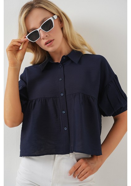 Kadın Kısa Kol Crop Gömlek 20335 - Lacivert fırsatları