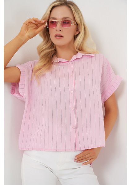 Kadın Çizgili Kısa Kol Gömlek 20327 - Pembe