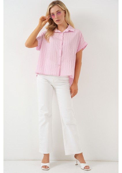 Kadın Çizgili Kısa Kol Gömlek 20327 - Pembe fiyatları