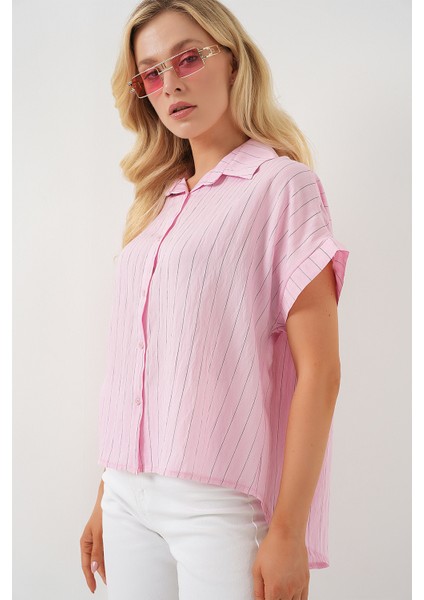 Kadın Çizgili Kısa Kol Gömlek 20327 - Pembe modelleri
