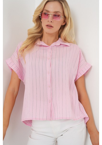 Kadın Çizgili Kısa Kol Gömlek 20327 - Pembe fırsatları
