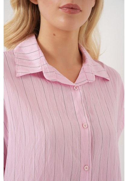 Kadın Çizgili Kısa Kol Gömlek 20327 - Pembe indirimleri