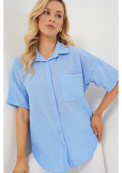 Kadın Kısa Kol Keten Görünümlü Gömlek 20336 - Mavi