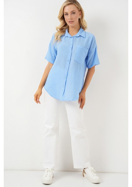 Kadın Kısa Kol Keten Görünümlü Gömlek 20336 - Mavi fiyatları