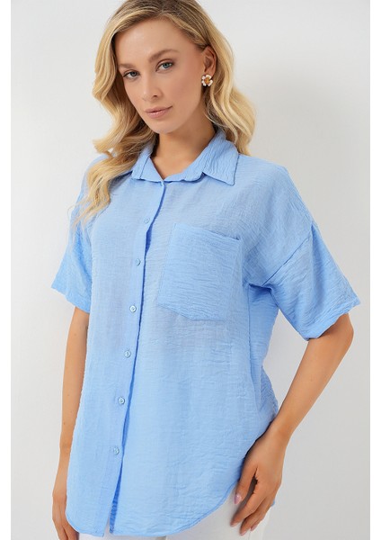 Kadın Kısa Kol Keten Görünümlü Gömlek 20336 - Mavi modelleri