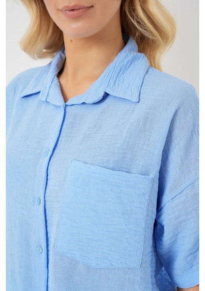 Kadın Kısa Kol Keten Görünümlü Gömlek 20336 - Mavi indirimleri