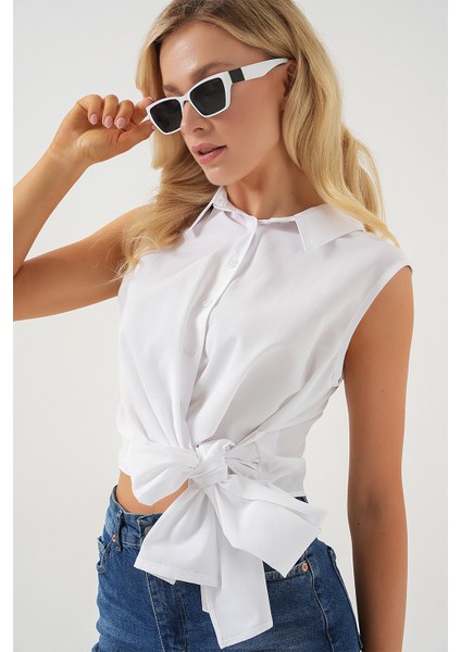 Kadın Sıfır Kol Önü Bağlamalı Gömlek 20340 - Beyaz modelleri
