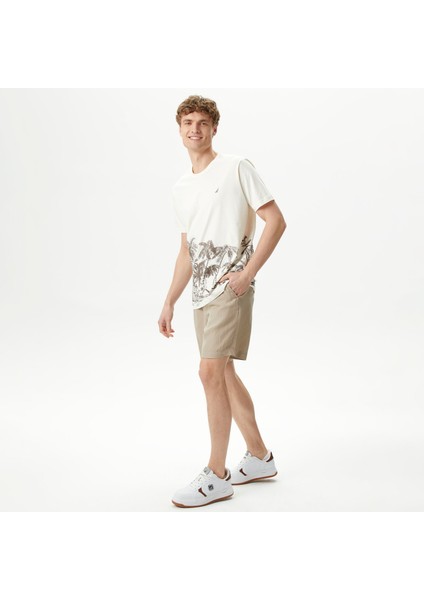 Erkek Bej Classic Fit Keten Bermuda