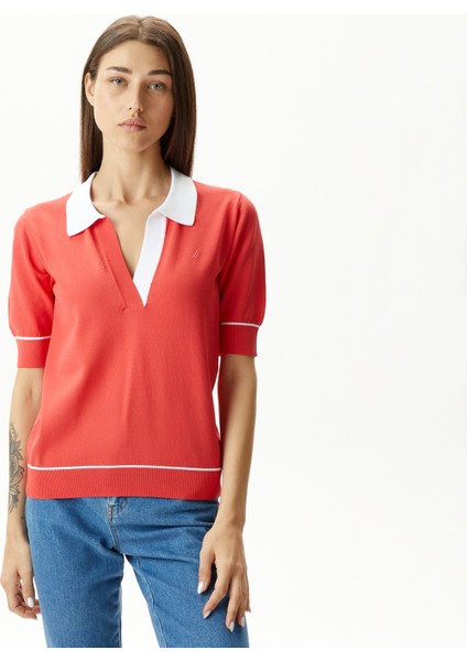 Kadın Kırmızı Relaxed Fit Kısa Kollu Triko