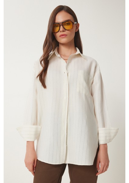 Çizgili Oversize Keten Gömlek modelleri