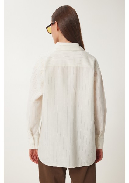 Çizgili Oversize Keten Gömlek