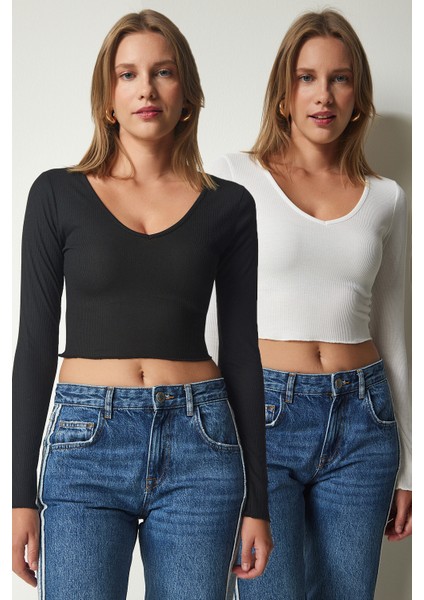 V Yaka 2'li Paket Crop Örme Bluz