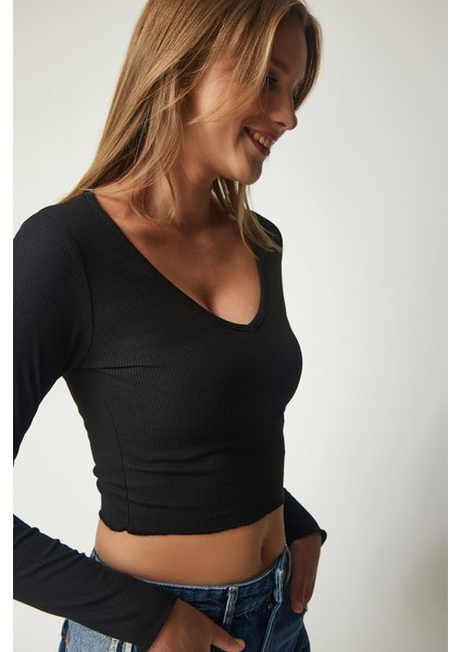 V Yaka 2'li Paket Crop Örme Bluz