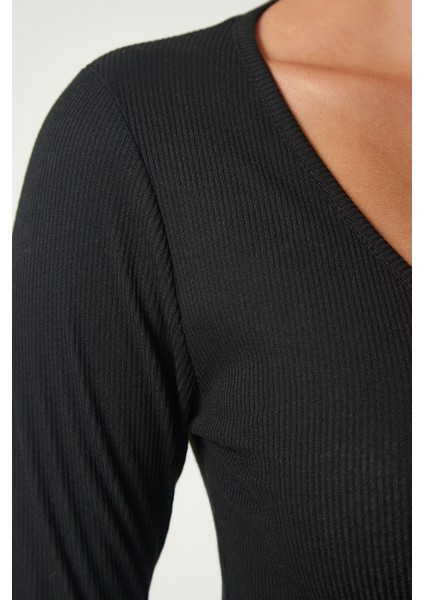 V Yaka 2'li Paket Crop Örme Bluz