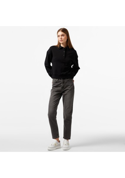 Kadın Siyah Oversize Uzun Kollu Polo