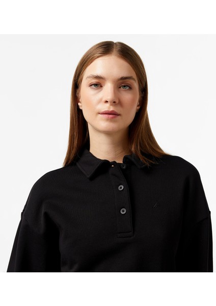 Kadın Siyah Oversize Uzun Kollu Polo